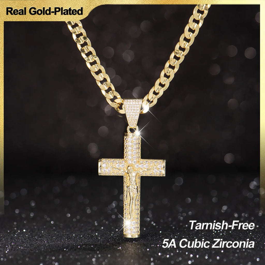 14K Real Gold-Plated Men's Christian Cross Necklace