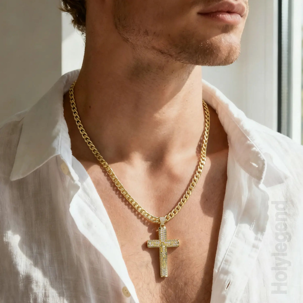 14K Real Gold-Plated Men's Christian Cross Necklace