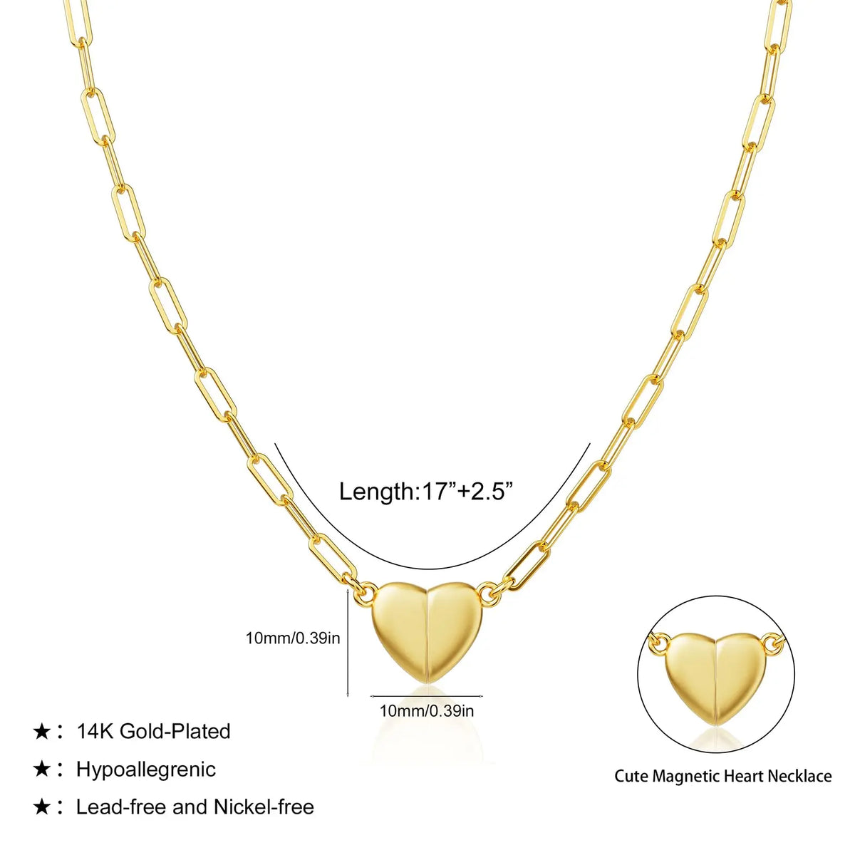 14K Gold/Silver Plated Heart Shape Pendant Magnetic Necklace