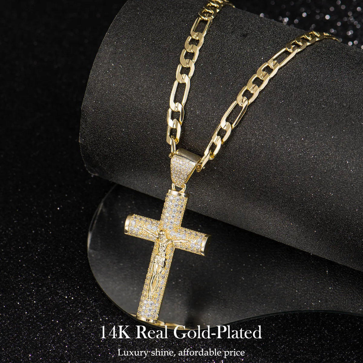 14K Real Gold-Plated Men's Christian Cross Necklace