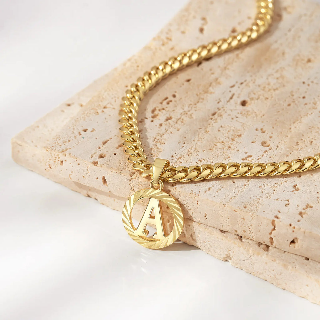 Gold Plated Unisex Alphabet Pendant Necklace - 5mm Cuban Link Chain
