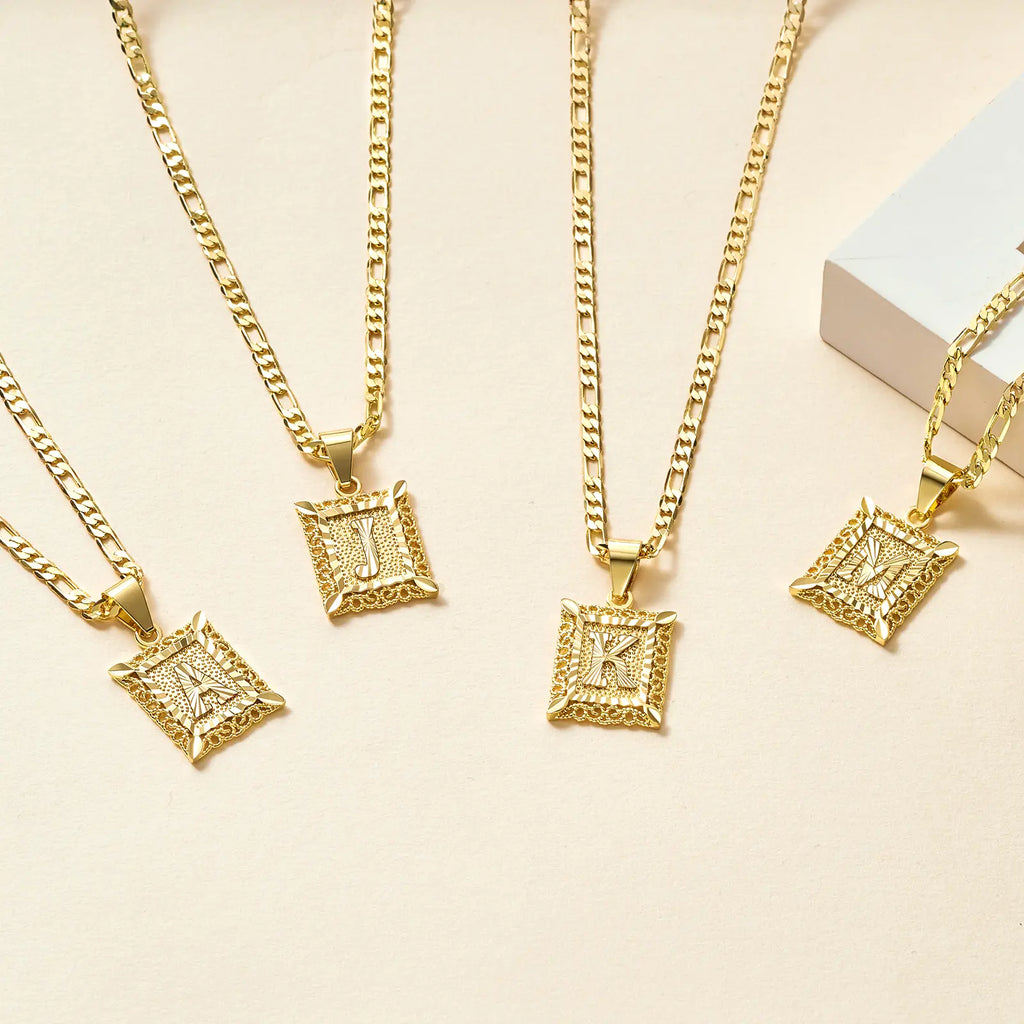 14K Gold Plated Square Capital Initial Letter Pendant Necklace