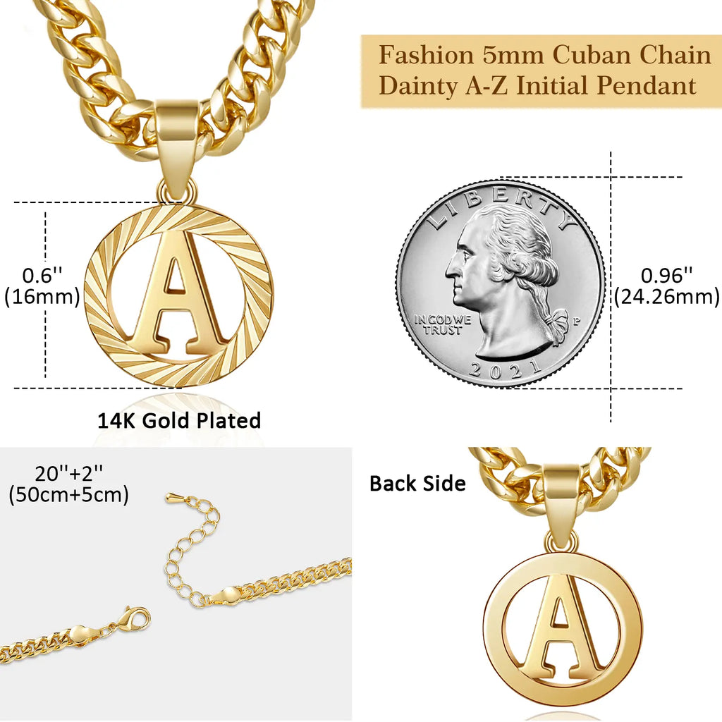 Gold Plated Unisex Alphabet Pendant Necklace - 5mm Cuban Link Chain