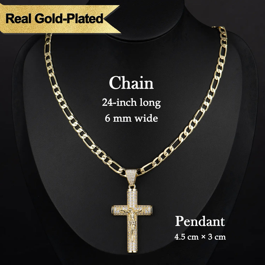 14K Real Gold-Plated Men's Christian Cross Necklace