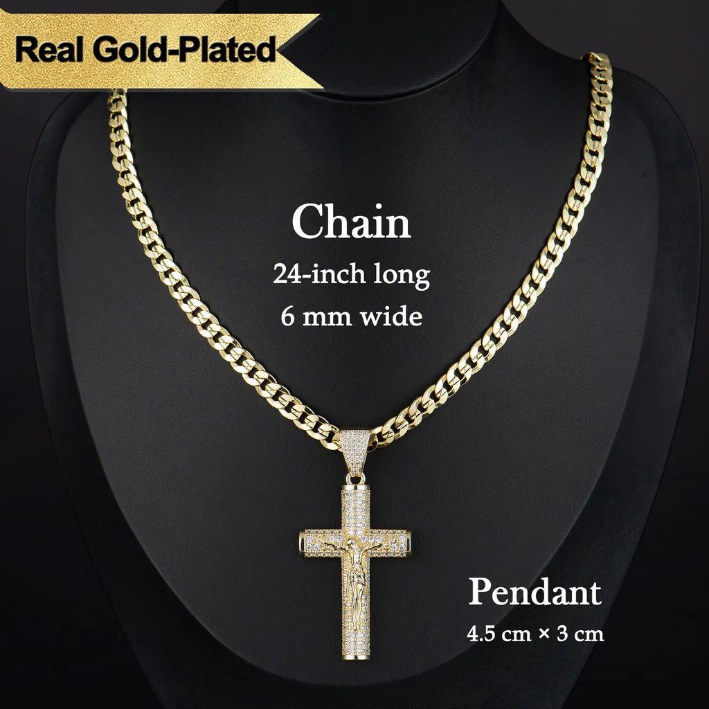 14K Real Gold-Plated Men's Christian Cross Necklace