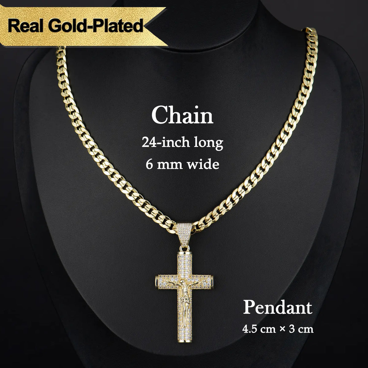 14K Real Gold-Plated Men's Christian Cross Necklace