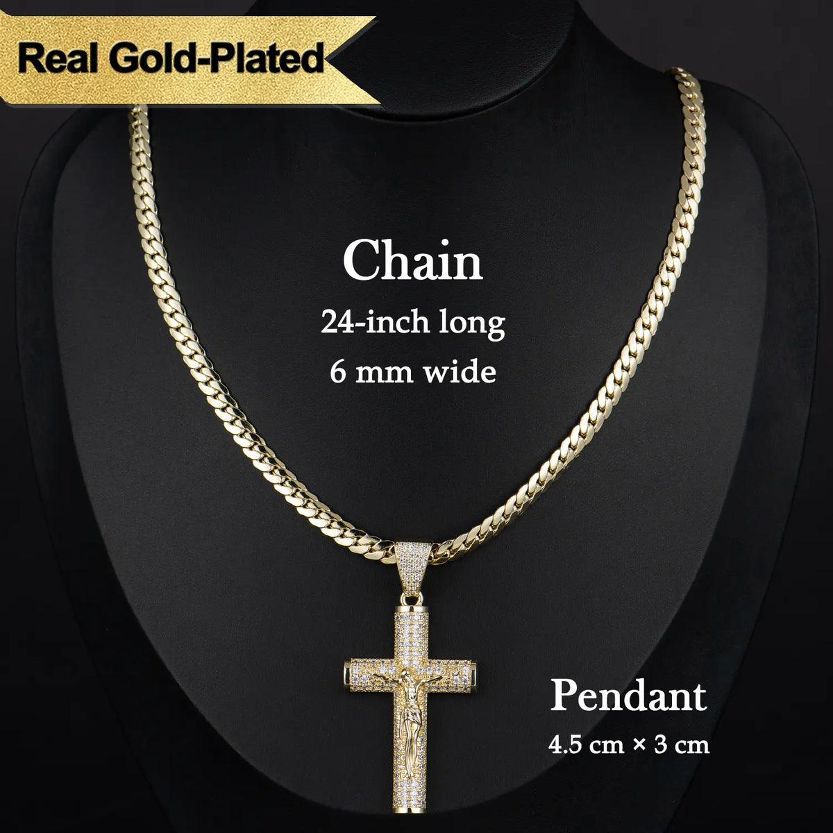 14K Real Gold-Plated Men's Christian Cross Necklace